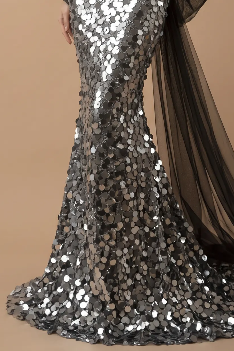 Silver Sequin Strapless Evening Gown with Corset - Silver Sequined Mermaid Dress with Bow Plus Size