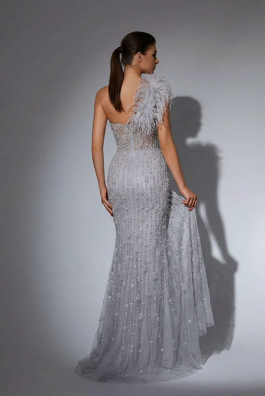 Silver Sequin and Feather Dress – One Shoulder Embellished Gown with Slit Plus Size