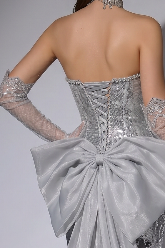 Silver Strapless Glitter Dress with Bow - Silver Designer Sequin Gown with Flowing Skirt - Sequins Evening Gown Plus Size