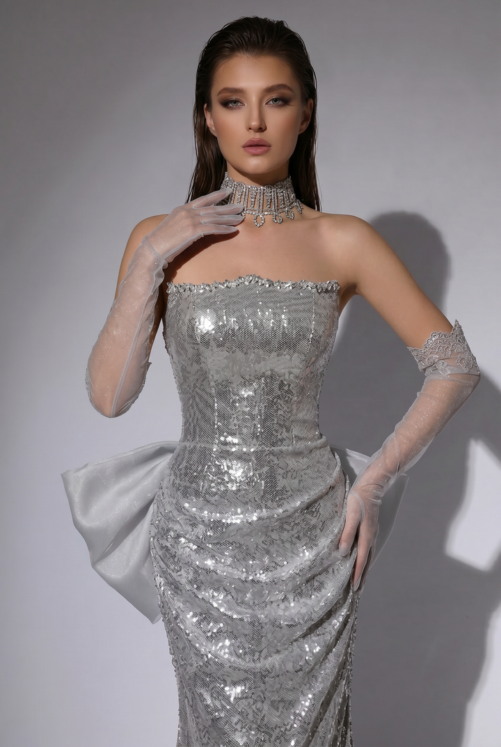 Silver Strapless Glitter Dress with Bow - Silver Designer Sequin Gown with Flowing Skirt - Sequins Evening Gown Plus Size
