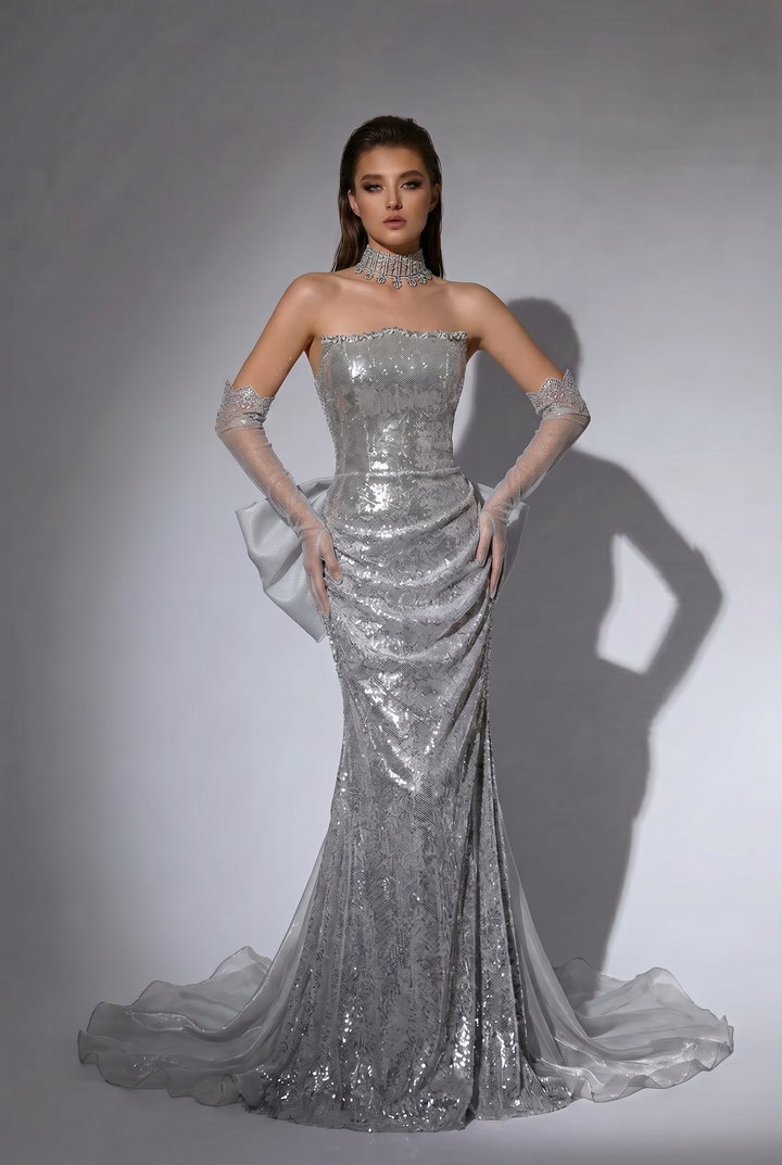 Silver Strapless Glitter Dress with Bow - Silver Designer Sequin Gown with Flowing Skirt - Sequins Evening Gown Plus Size
