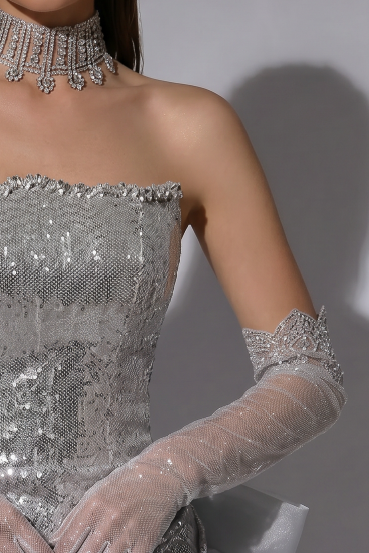 Silver Strapless Glitter Dress with Bow - Silver Designer Sequin Gown with Flowing Skirt - Sequins Evening Gown Plus Size