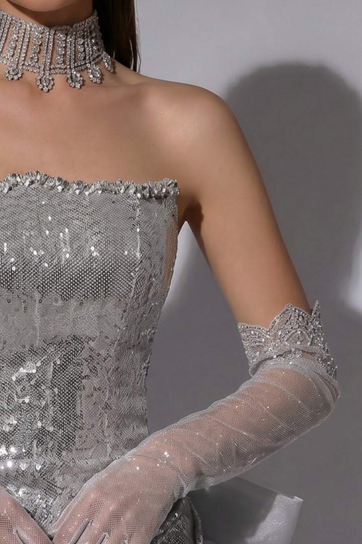Silver Strapless Glitter Dress with Bow - Silver Designer Sequin Gown with Flowing Skirt - Sequins Evening Gown Plus Size