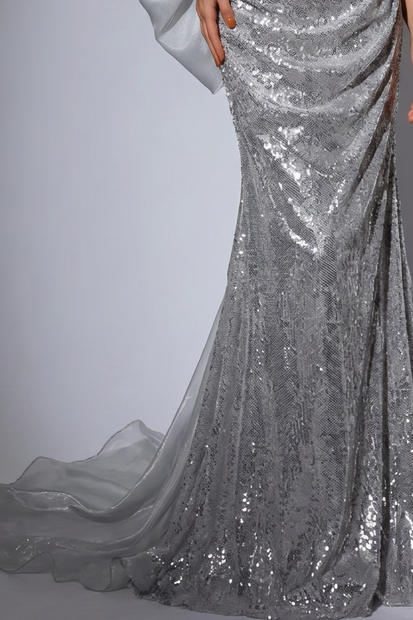 Silver Strapless Glitter Dress with Bow - Silver Designer Sequin Gown with Flowing Skirt - Sequins Evening Gown Plus Size