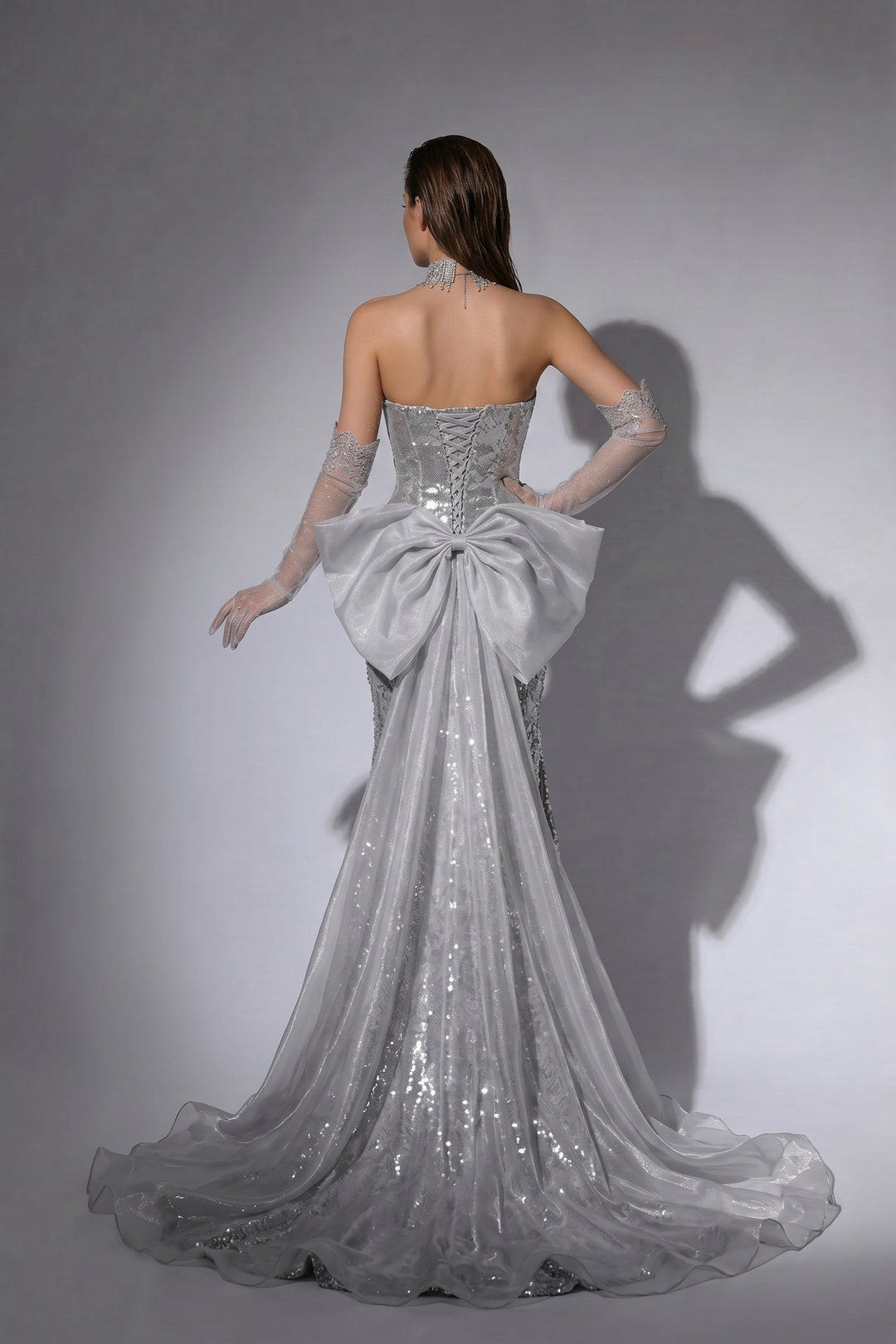 Silver Strapless Glitter Dress with Bow