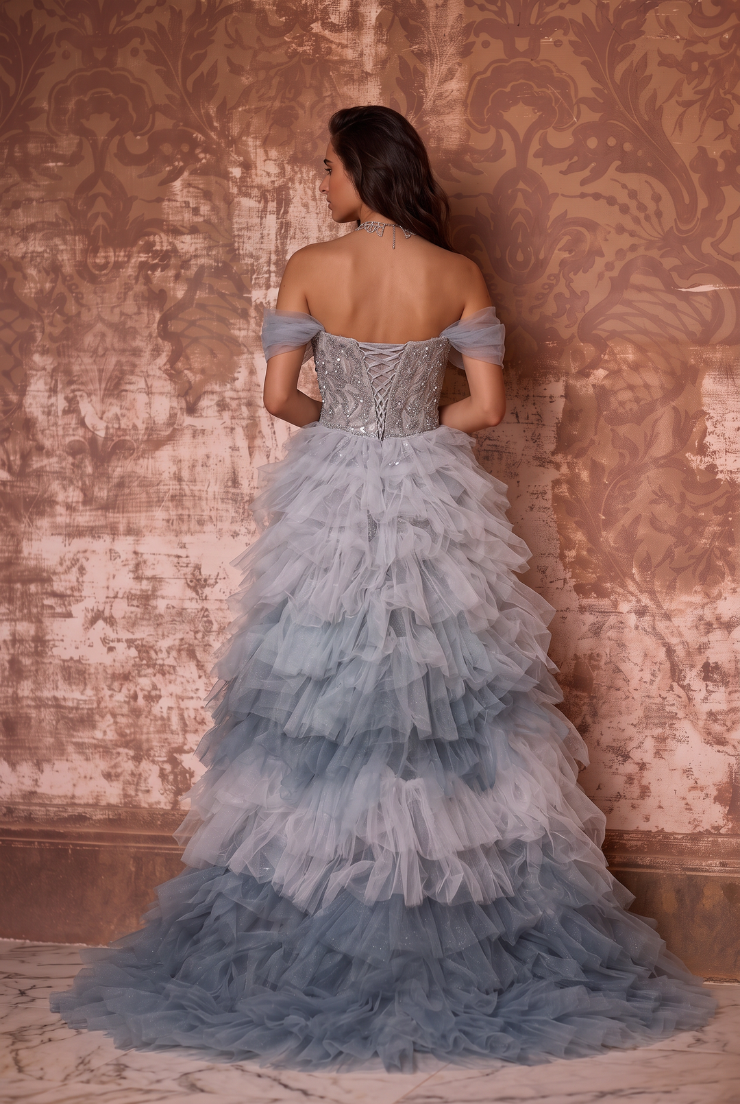 Silver and Blue Whimsical Fairy Inspired Tulle Ruffle Evening Gown - Plus Size