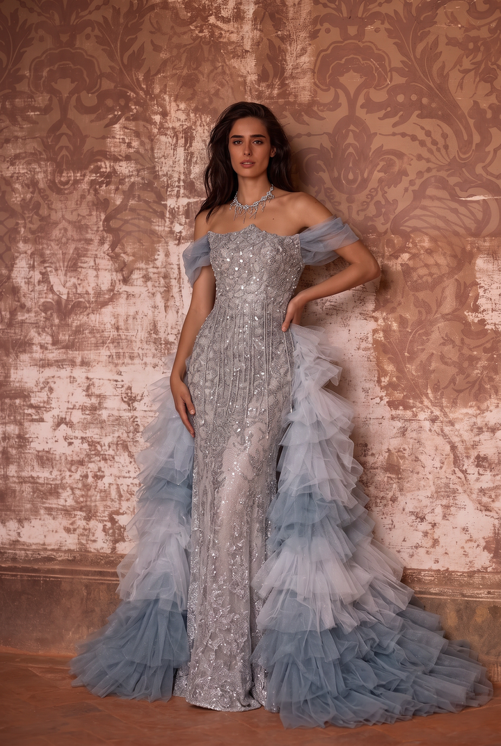 Silver and Blue Whimsical Fairy Inspired Tulle Ruffle Evening Gown - Plus Size