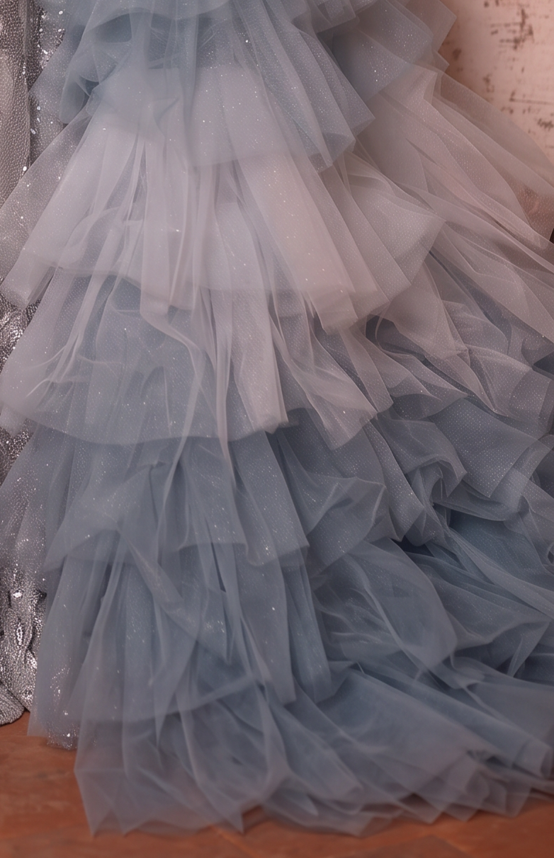 Silver and Blue Whimsical Fairy Inspired Tulle Ruffle Evening Gown - Plus Size