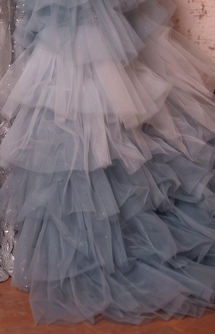 Silver and Blue Whimsical Fairy Inspired Tulle Ruffle Evening Gown - Plus Size