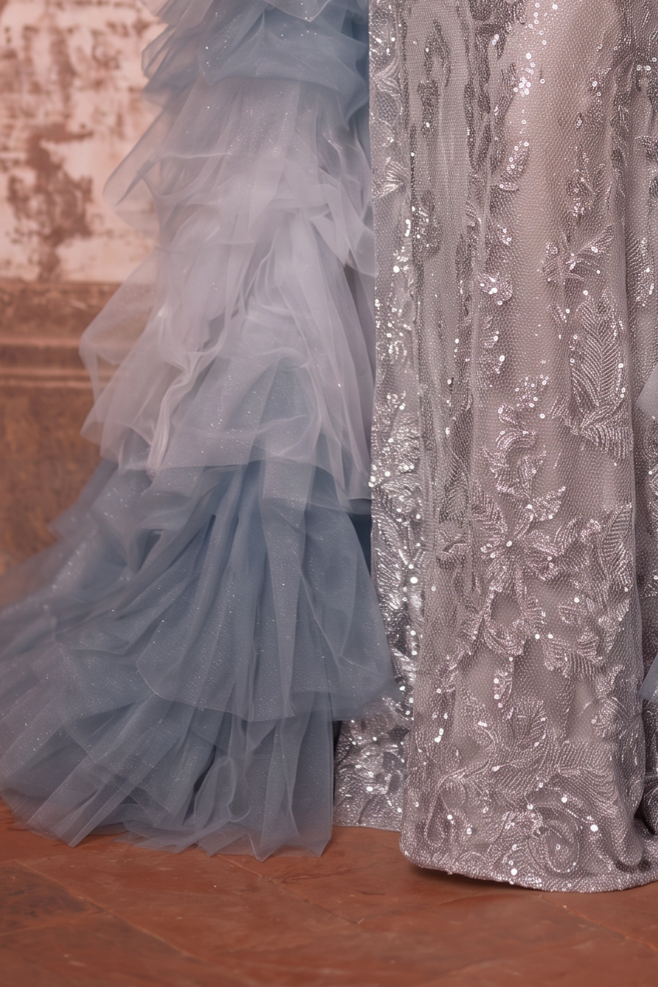 Silver and Blue Whimsical Fairy Inspired Tulle Ruffle Evening Gown - Plus Size
