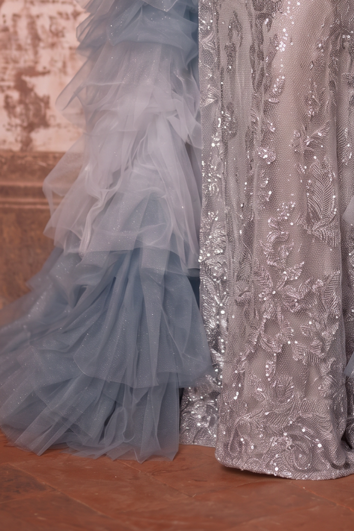 Silver and Blue Whimsical Fairy Inspired Tulle Ruffle Evening Gown - Plus Size