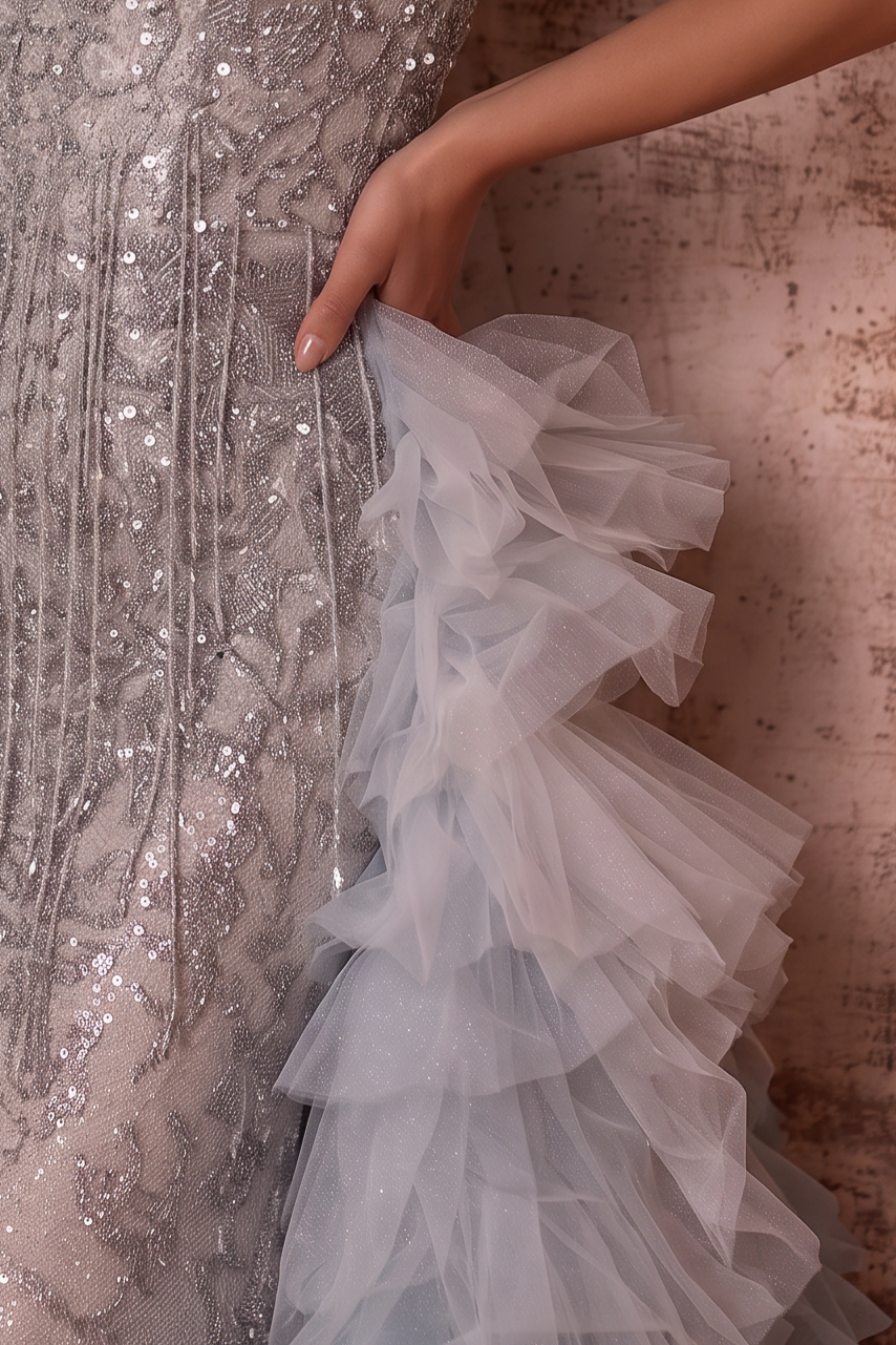 Silver and Blue Whimsical Fairy Inspired Tulle Ruffle Evening Gown - Plus Size
