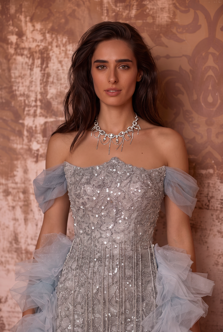 Silver and Blue Whimsical Fairy Inspired Tulle Ruffle Evening Gown - Plus Size