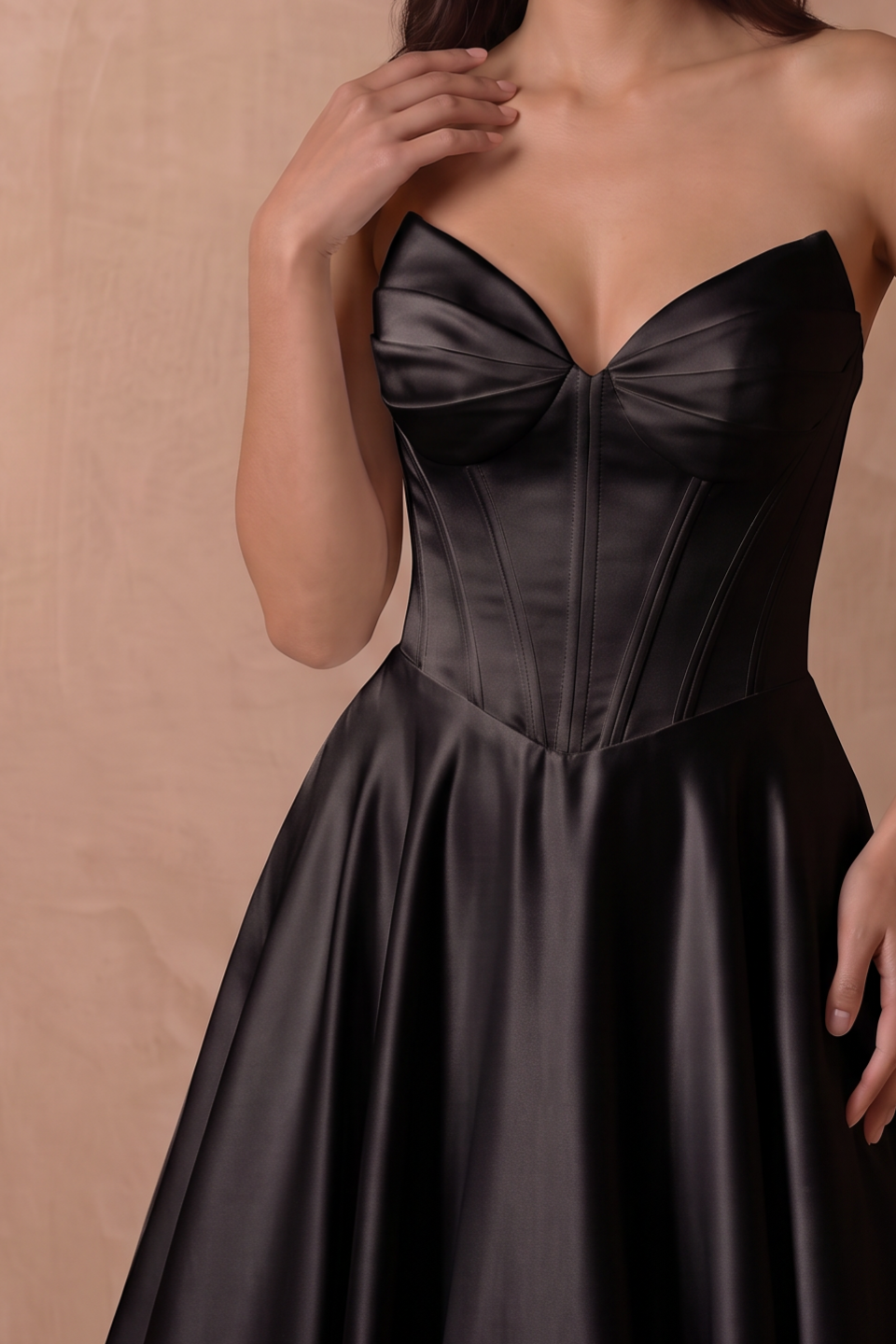 Simple Gothic Black Satin Corset Wedding Dress – Strapless Sweetheart Bridal Gown with Lace-Up Back and Flowing Train Plus Size