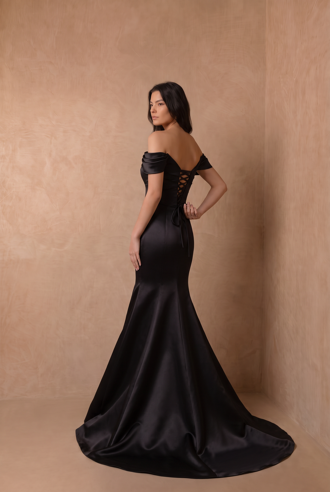 Simple Gothic Black Satin Mermaid Wedding Gown – Off-The-Shoulder Bridal Dress with Side Slit and Lace-Up Back Plus Size