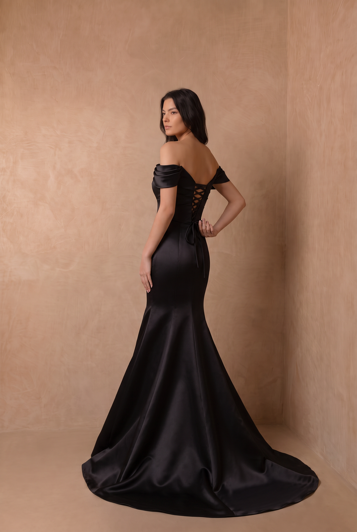 Simple Gothic Black Satin Mermaid Wedding Gown – Off-The-Shoulder Bridal Dress with Side Slit and Lace-Up Back Plus Size