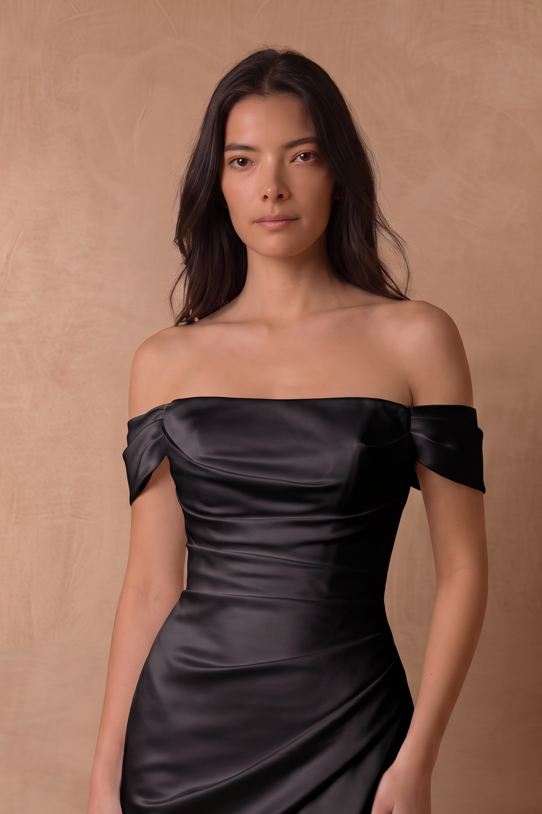 Simple Gothic Black Satin Mermaid Wedding Gown – Off-The-Shoulder Bridal Dress with Side Slit and Lace-Up Back Plus Size