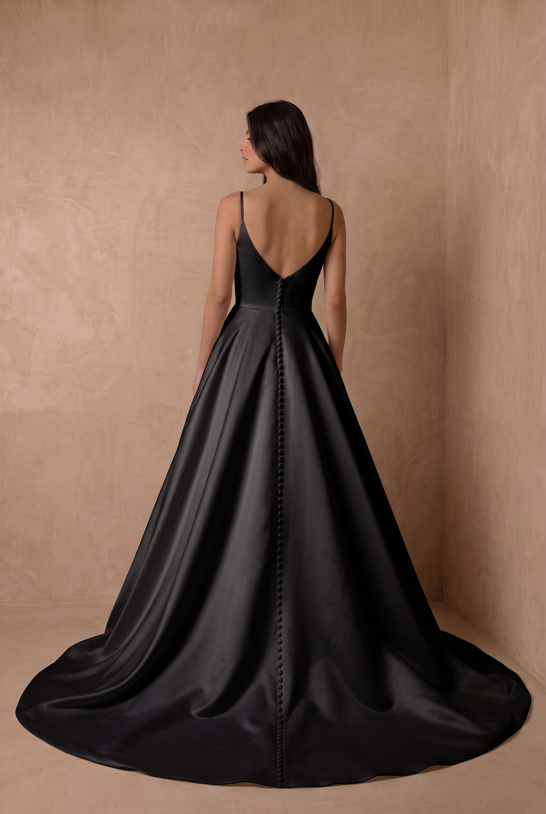 Simple Gothic Black Satin Wedding Ball Gown – Spaghetti Strap A-Line Bridal Dress with Pockets Plus Size