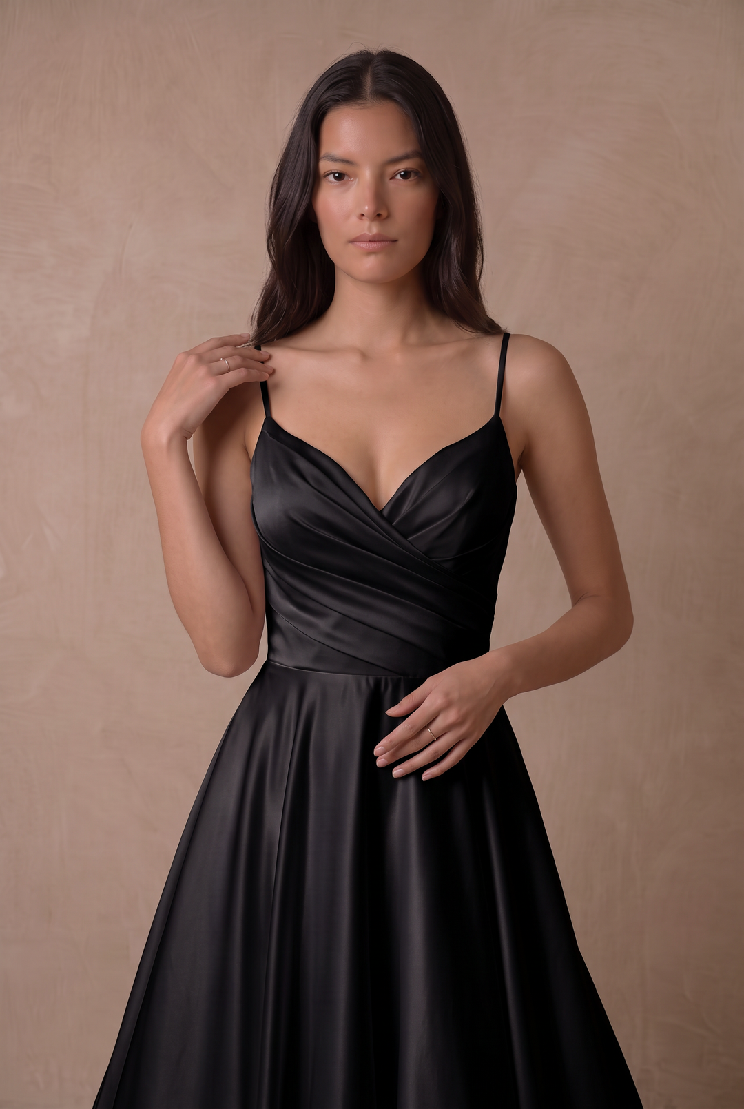 Simple Gothic Black Satin Wedding Ball Gown – Spaghetti Strap A-Line Bridal Dress with Pockets Plus Size