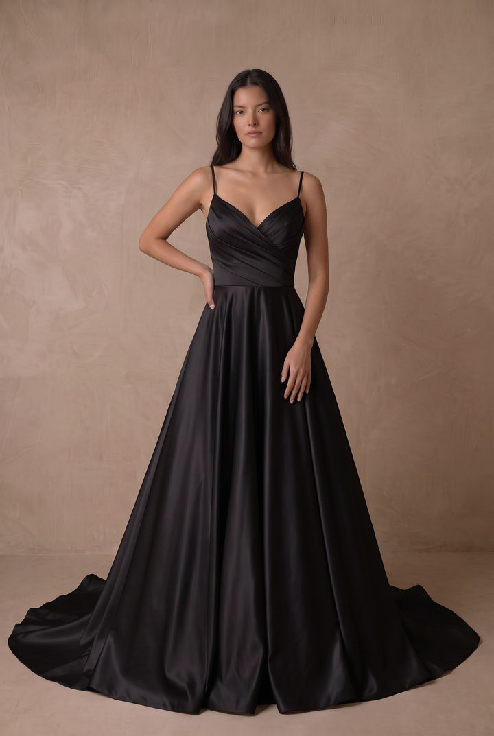 Simple Gothic Black Satin Wedding Ball Gown – Spaghetti Strap A-Line Bridal Dress with Pockets Plus Size