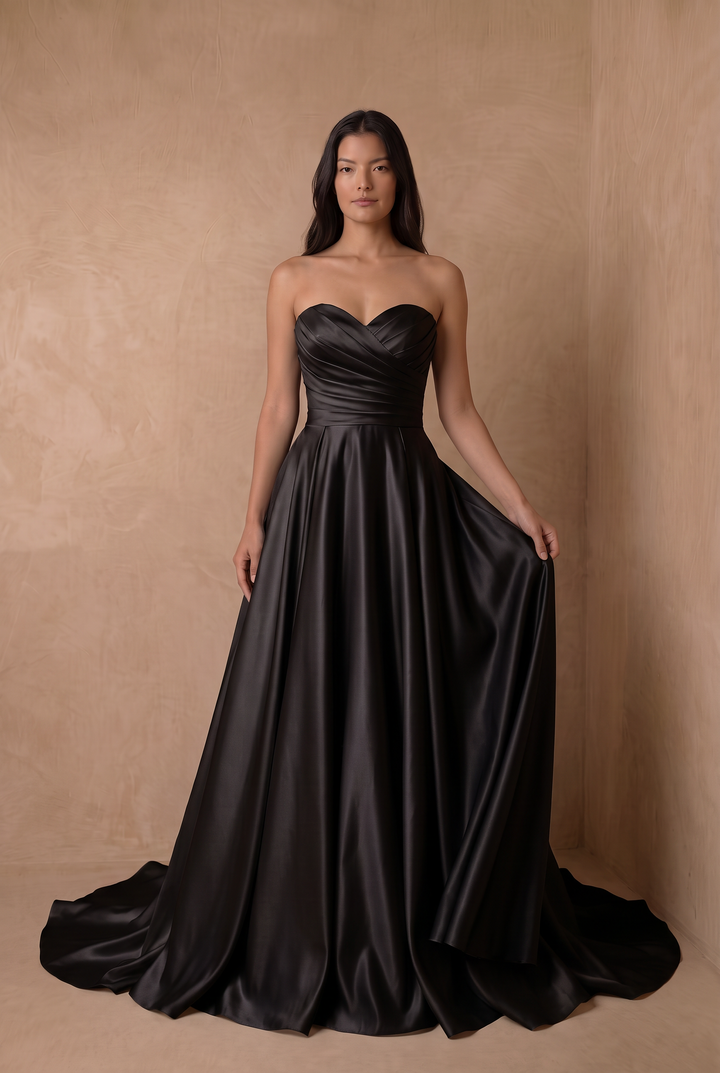 Simple Gothic Black Satin Wedding Ball Gown – Strapless Sweetheart A-Line Bridal Dress with Lace-Up Back Plus Size