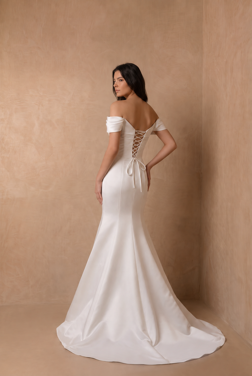 Simple White Satin Mermaid Wedding Gown – Off-The-Shoulder Bridal Dress with Side Slit and Midi Train Plus Size
