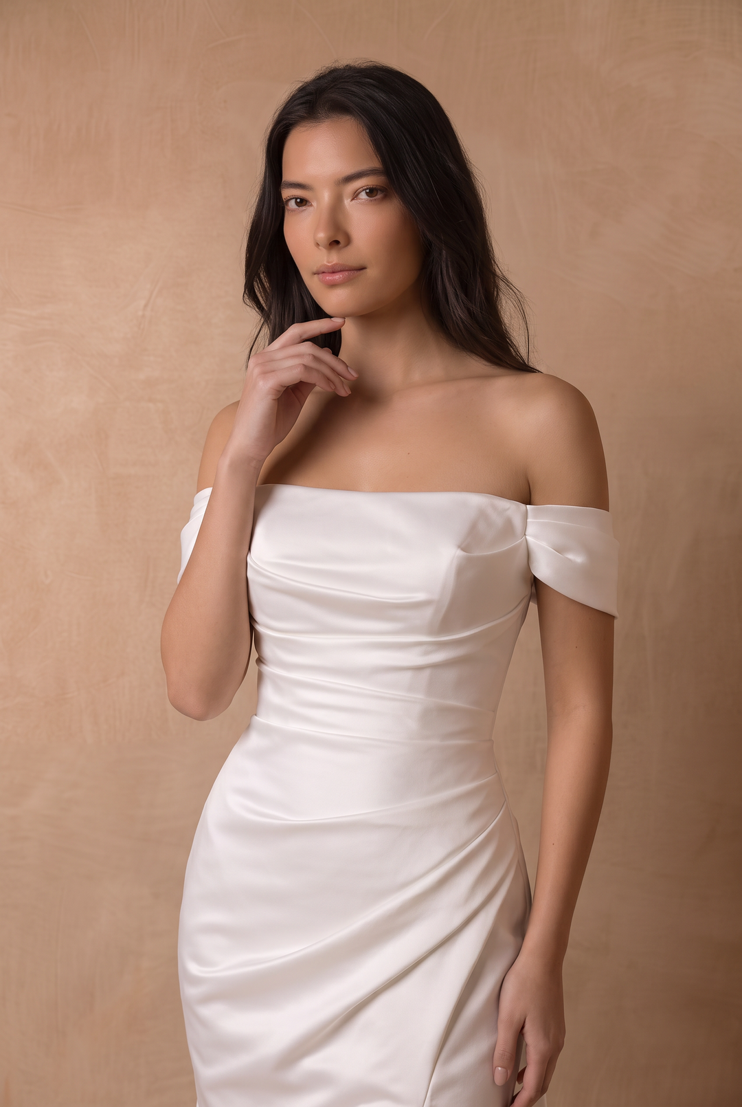Simple White Satin Mermaid Wedding Gown – Off-The-Shoulder Bridal Dress with Side Slit and Midi Train Plus Size