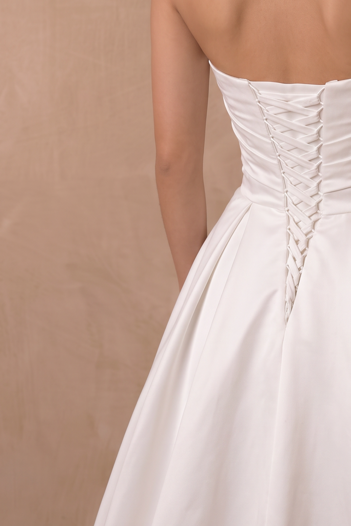 Simple White Satin Strapless Wedding Ball Gown – Classic A-Line Bridal Dress with Draped Bodice and Train Plus Size