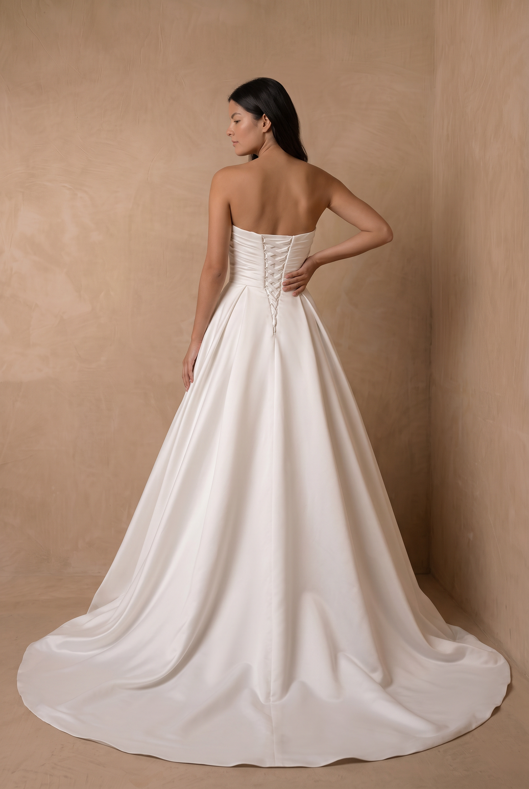 Simple White Satin Strapless Wedding Ball Gown – Classic A-Line Bridal Dress with Draped Bodice and Train Plus Size