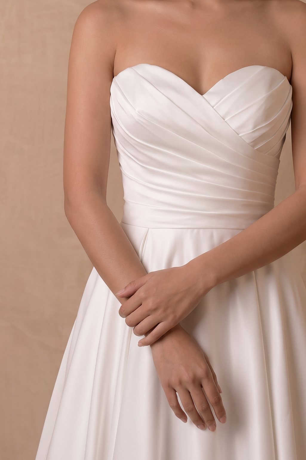 Simple White Satin Strapless Wedding Ball Gown – Classic A-Line Bridal Dress with Draped Bodice and Train Plus Size