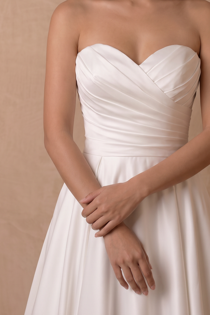 Simple White Satin Strapless Wedding Ball Gown – Classic A-Line Bridal Dress with Draped Bodice and Train Plus Size