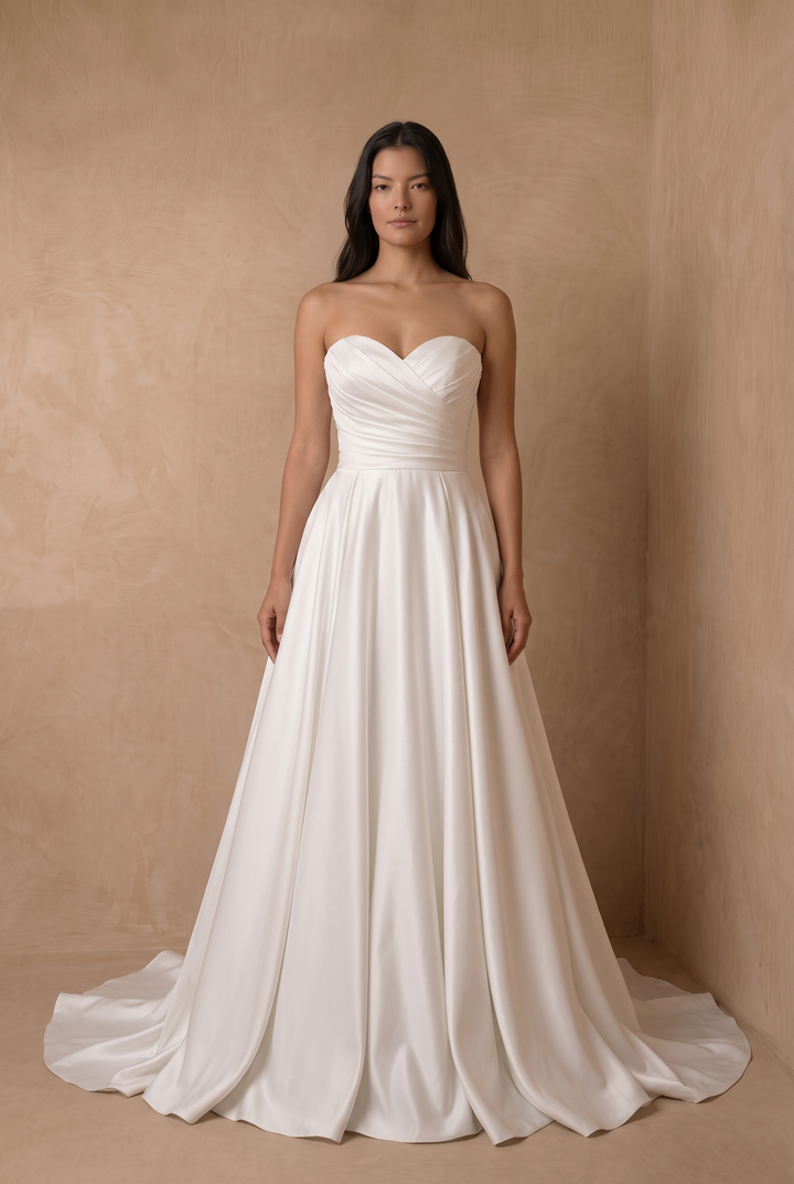Simple White Satin Strapless Wedding Ball Gown – Classic A-Line Bridal Dress with Draped Bodice and Train Plus Size