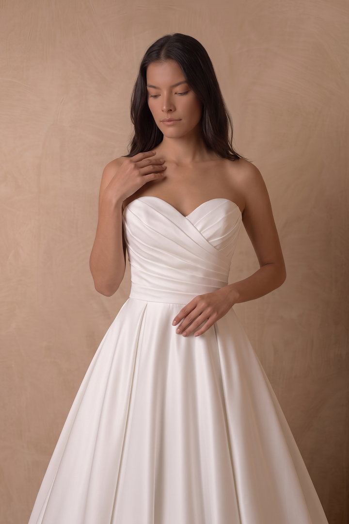 Simple White Satin Strapless Wedding Ball Gown – Classic A-Line Bridal Dress with Draped Bodice and Train Plus Size