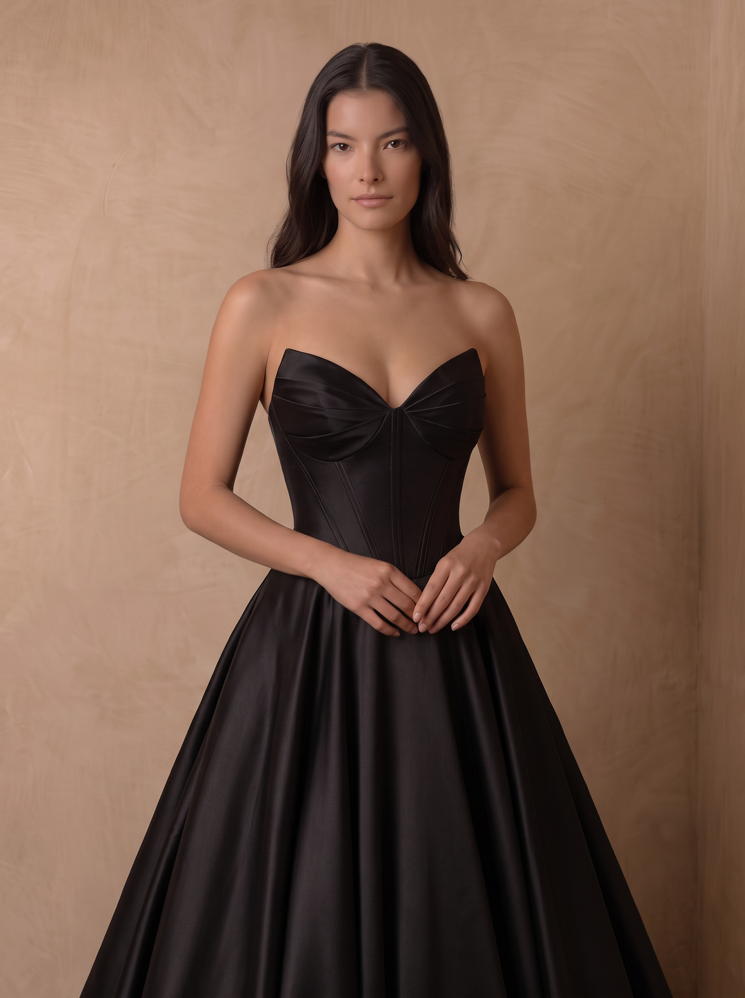 Simple Gothic Black Satin Corset Wedding Dress – Strapless Sweetheart Bridal Gown with Lace-Up Back and Flowing Train Plus Size