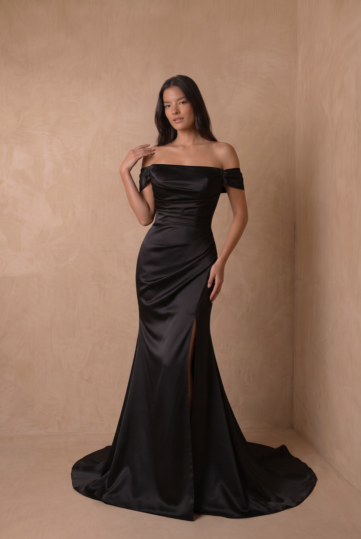 Simple Gothic Black Satin Mermaid Wedding Gown – Off-The-Shoulder Bridal Dress with Side Slit and Lace-Up Back Plus Size