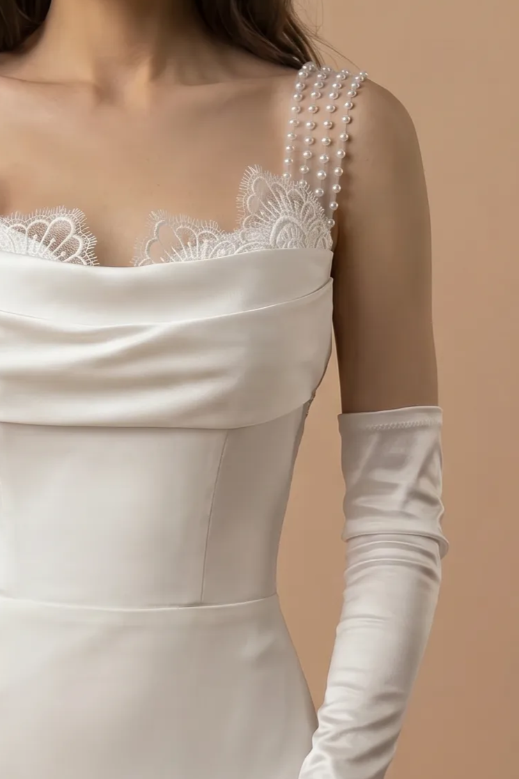 Simple Lace Boho Mermaid Wedding Dress With Pearl Chains - Slip Plus Size