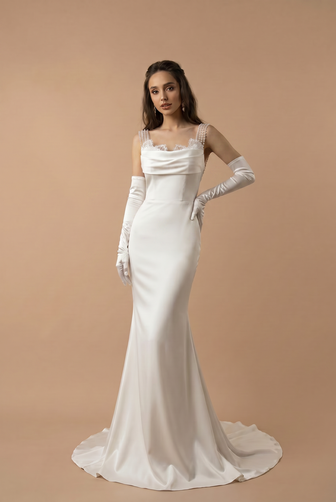 Simple Lace Boho Mermaid Wedding Dress With Pearl Chains