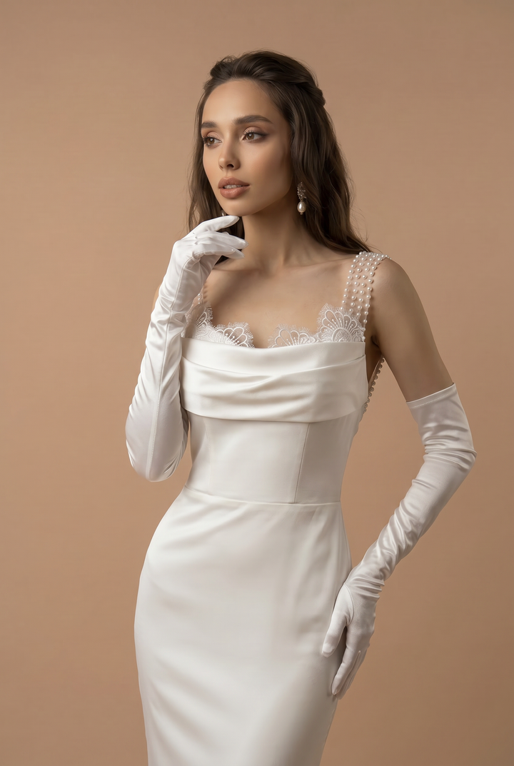 Simple Lace Boho Mermaid Wedding Dress With Pearl Chains - Slip Plus Size