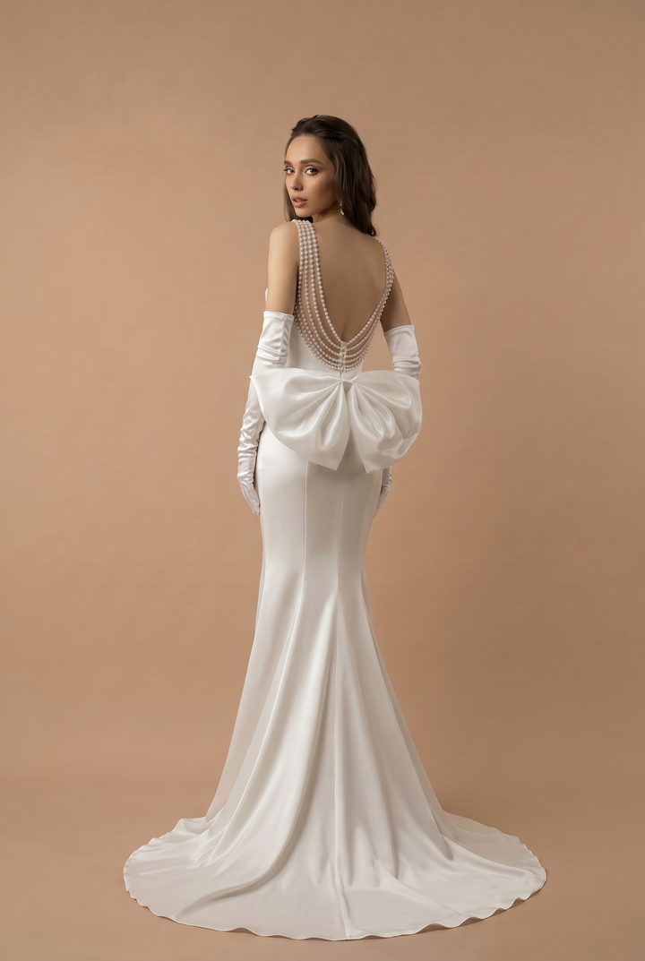 Simple Lace Boho Mermaid Wedding Dress With Pearl Chains - Slip Plus Size