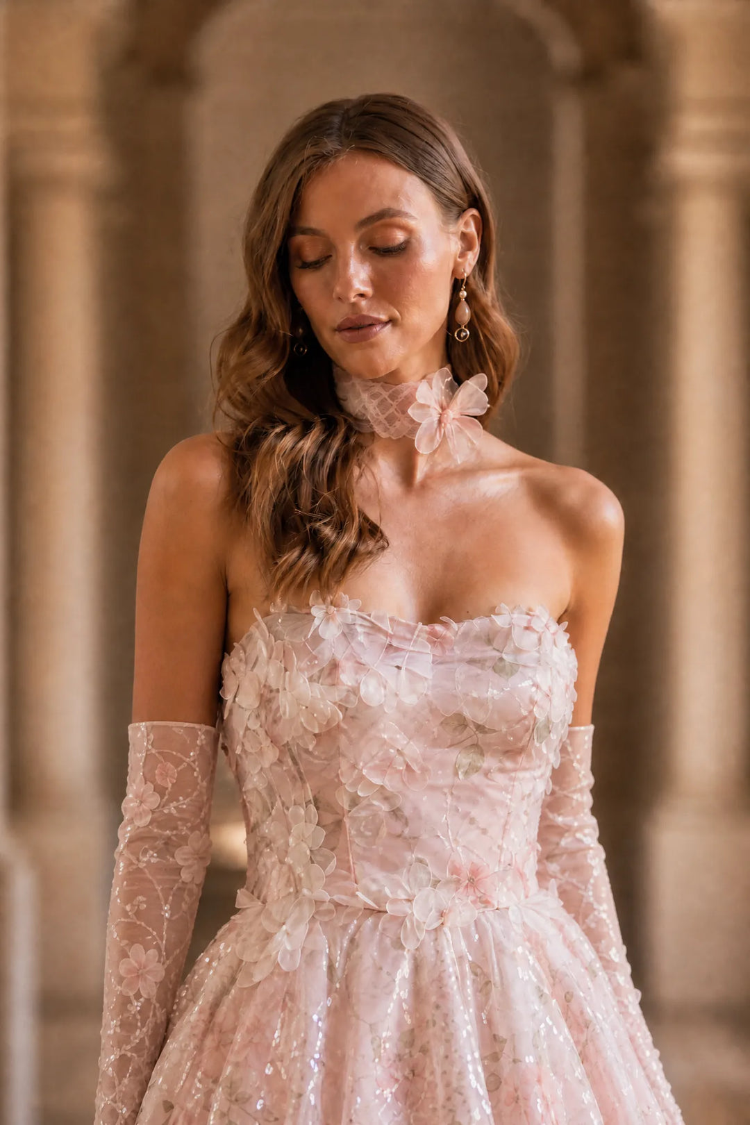 Soft Pink Wedding Dress with Corset Back - Pink Floral Embellished Tulle Evening Gown Plus Size
