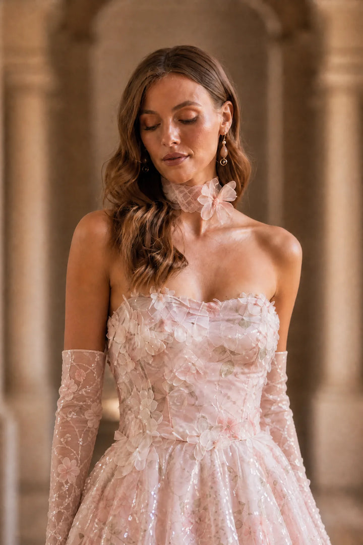 Soft Pink Wedding Dress with Corset Back - Pink Floral Embellished Tulle Evening Gown Plus Size