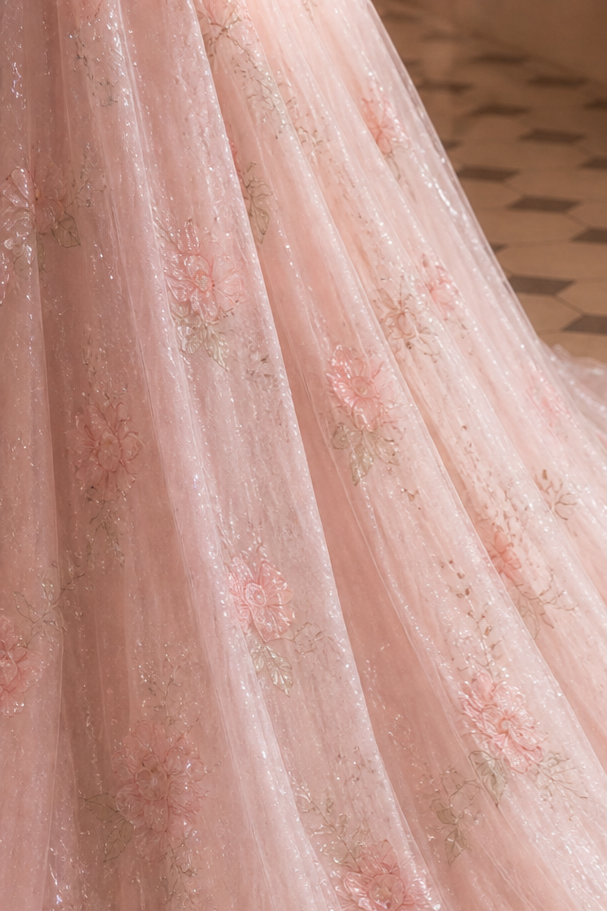 Soft Pink Wedding Dress with Corset Back - Pink Floral Embellished Tulle Evening Gown Plus Size