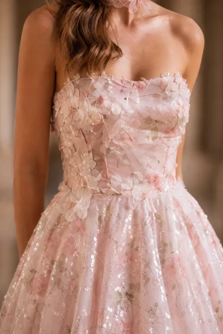 Soft Pink Wedding Dress with Corset Back - Pink Floral Embellished Tulle Evening Gown Plus Size