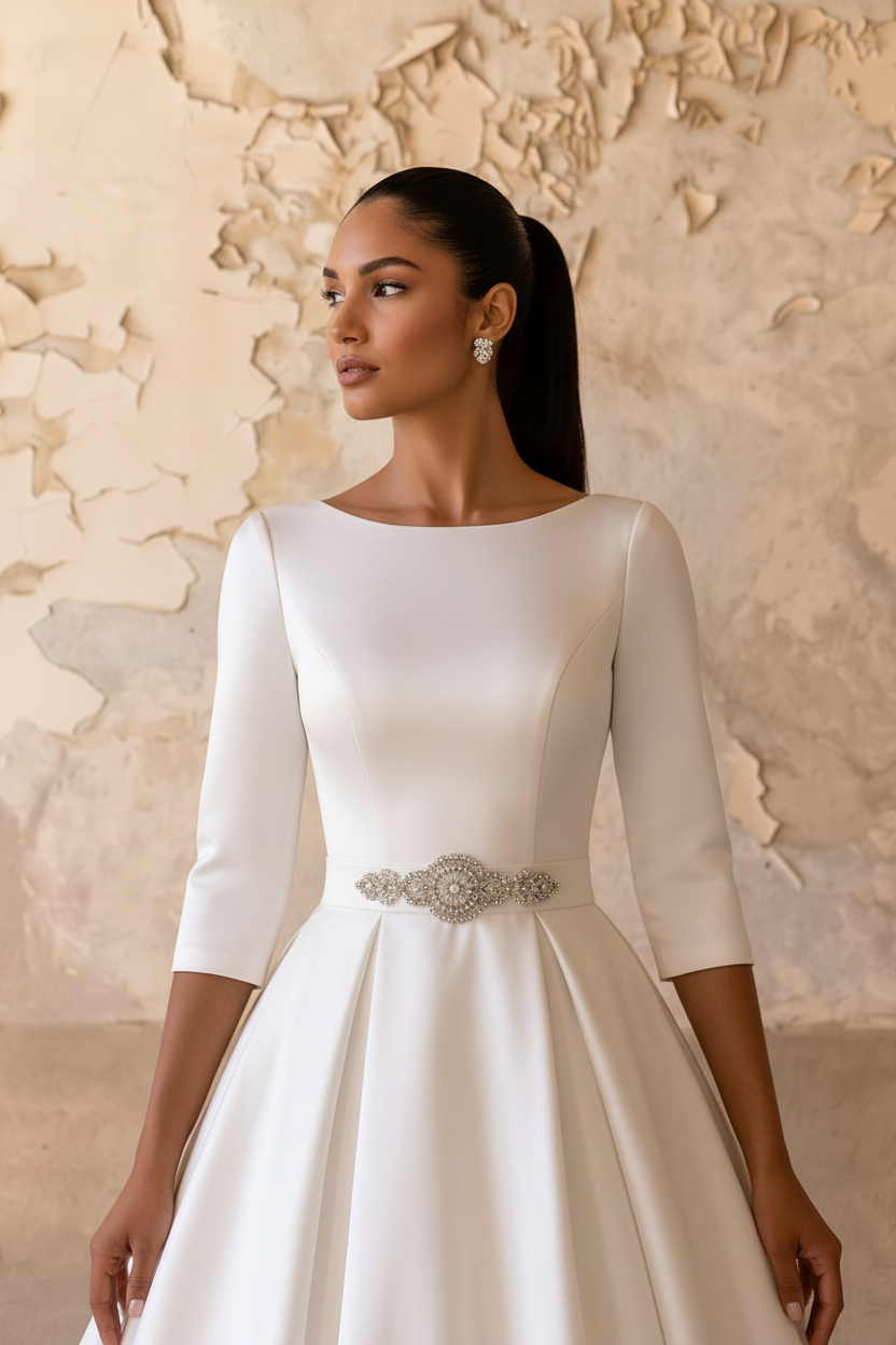 Sophisticated Radiance: Modest Satin Wedding Dress With Crystal Belt with Sleeves Plus Size