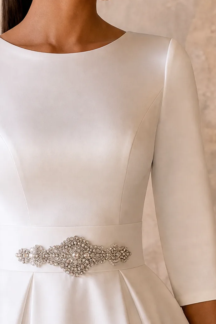 Sophisticated Radiance: Modest Satin Wedding Dress With Crystal Belt with Sleeves Plus Size