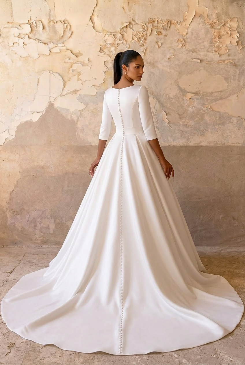 Sophisticated Radiance: Modest Satin Wedding Dress With Crystal Belt with Sleeves Plus Size