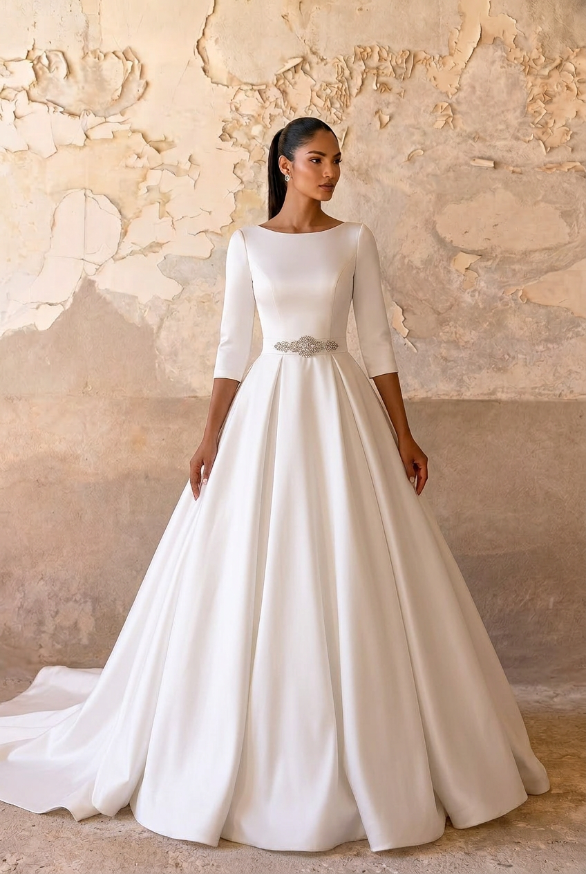 Modest Satin Wedding Dress with Sleeves ANYA Size 18W / White