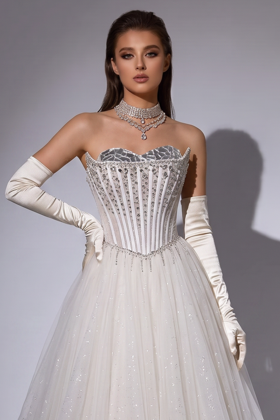 Sparkly Tulle Ball Gown Wedding Dress with Beaded Corset Bodice & Sweetheart Neckline Plus Size