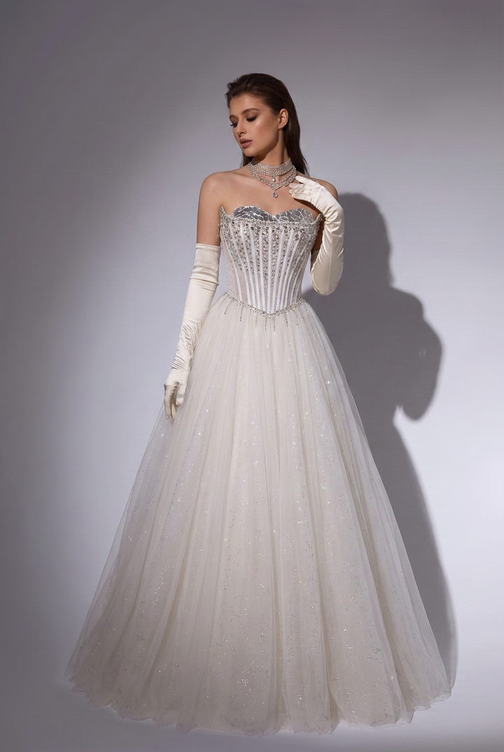 Sparkly Tulle Ball Gown Wedding Dress with Beaded Corset Bodice & Sweetheart Neckline Plus Size
