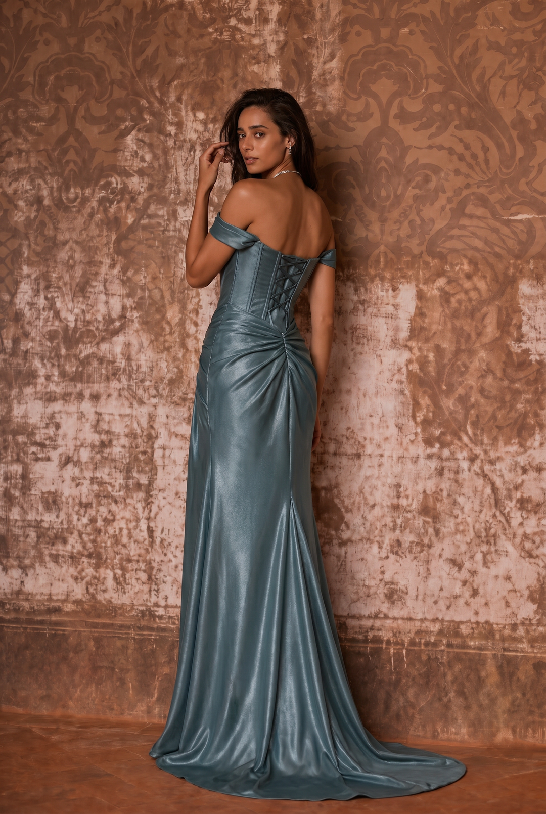 Steel Blue Silk Evening Dress - Corset Back Wedding Dress with Off-the-Shoulder Design Plus Size